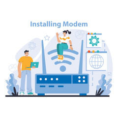 Wi-Fi network. Specialist setting up, developing and maintaining wireless fidelity equipment. Secure connection configuration. Flat vector illustration
