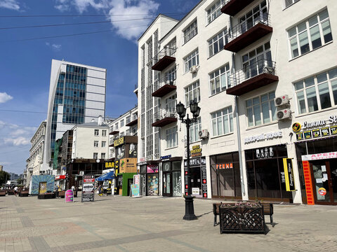 Ekaterinburg, Russia, July, 20, 2021. Cafes and shops on Wayinera Street in the center of Yekaterinburg in summer
