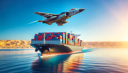 Jet Fighter over a Cargo ship : Red Sea War Tensions