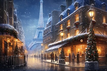  a painting of a christmas scene with the eiffel tower in the background and people walking down the street.