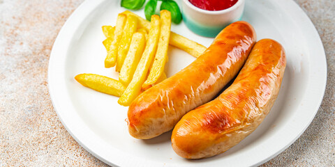 fried sausages and french fries fast food meat and potatoes tasty fresh eating cooking appetizer meal food snack on the table copy space food