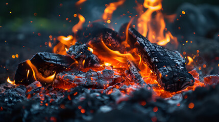 burning lumpy briquette coal as an abstract background. The texture of the fiery coals of a campfire smoldering fire. Close-up, Generative AI