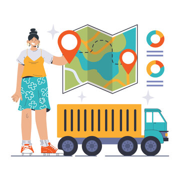 Efficient logistics concept. A confident woman presents a route map for seamless transportation and delivery processes. Modern supply chain management. Flat vector illustration