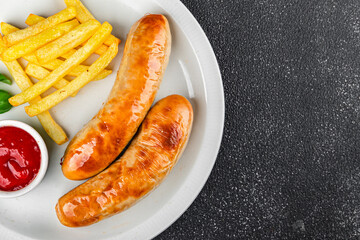 fried sausages and french fries fast food meat and potatoes tasty fresh eating cooking appetizer meal food snack on the table copy space food