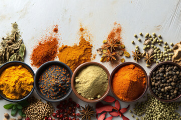 A set of spice sets from all over the world on white background. Concept for advertising shops, restaurants and travel. Dry ingredients for cooking. Template with place for text, copy space - obrazy, fototapety, plakaty