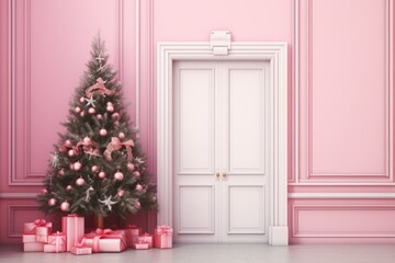 Fototapeta na wymiar a pink room with a christmas tree, presents and a white door with a pink wall and a pink wall.