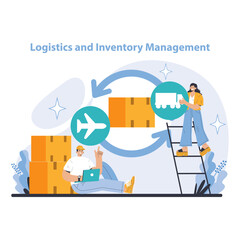 Logistics and Inventory Management concept. Visualizing seamless coordination of storage and transportation in supply chain operations. Features digital tracking and efficient space utilization.