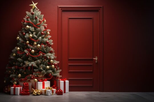  a christmas tree in front of a red door with presents under it and a star on the top of the tree.