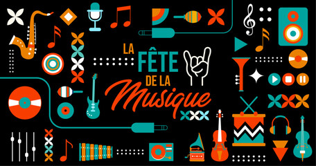 Bannière pour célébrer la fête de la musique - Texte et illustrations festifs et colorés - Instruments de musique vectoriels - Fond noir  © Manon