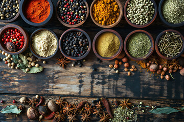 A set of spice sets from all over the world on wood background. Concept for advertising shops, restaurants and travel. Dry ingredients for cooking. Template with place for text, copy space