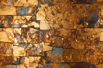  a close up of a wall made out of brown and blue marble blocks with a clock in the middle of the wall.