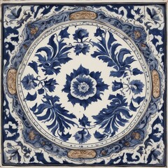 tiles on the wall of the mosque  A blue and white Turkish decorative tile plate with a floral pattern and a historical artwork  element 