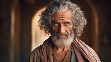 Photorealistic Old Persian Man with Brown Curly Hair retro Illustration. Portrait of a person in ancient aesthetics. Historic movie style Ai Generated Horizontal Illustration.