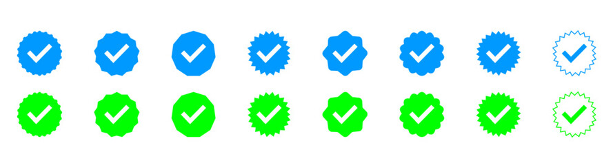 Social media account verification icons, approval check icon isolated, verified badge profile set, Instagram verified badge, blue check mark icon collection, guaranteed signs, profile verified badge © muqadsa