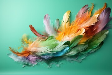 a multicolored bird's feathers are flying in the air on a green background with space for text.