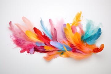  multicolored feathers on a white background with space for a text or an image to put on a card or brochure.