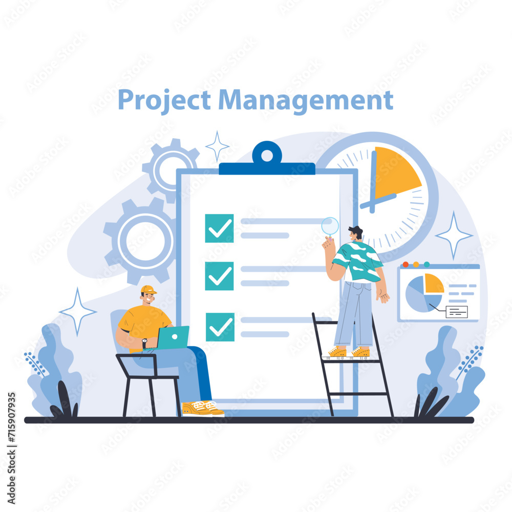Poster project management concept. illustration of teamwork in action, focusing on task completion, time ma