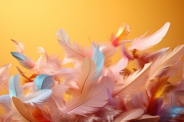  a close up of a bunch of feathers on a yellow and orange background with a blurry image of the feathers.