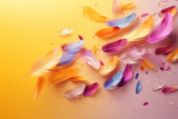  a group of colorful feathers on a yellow and pink background with confetti falling from the top of the feathers.