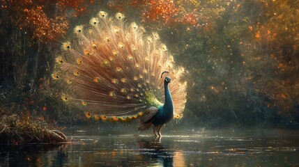 beautiful peacock in tranquil forest nature landscape, Generative Ai - obrazy, fototapety, plakaty