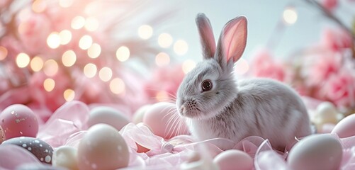 Naklejka na ściany i meble Silver Easter bunny surrounded by pastel eggs in a dreamy setting with a silky bow