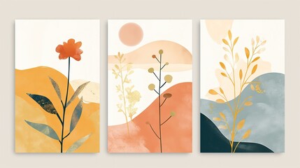 boho natural landscape artwork picture frame collection set on wall, minimal style home wall hanging decor, mockup idea, Generative Ai