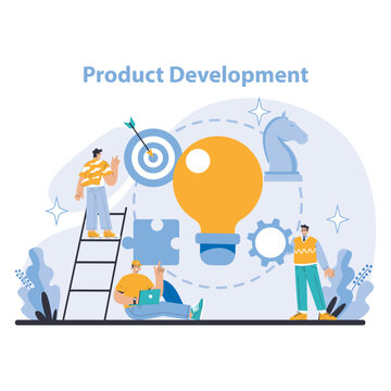 Product development concept. Teams collaborate on creative product development. Strategy and goal setting in business. Harnessing technology and ideas for market solutions. Flat vector illustration.