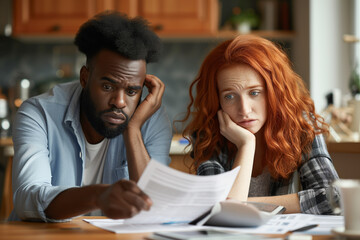 Couple composed of black man and redhead woman worried about their bills - obrazy, fototapety, plakaty