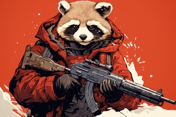  a painting of a raccoon in a red coat with a gun in his hand and a red background. - obrazy, fototapety, plakaty
