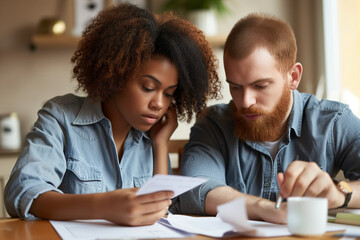 Couple composed of redhead man and black woman worried about their bills