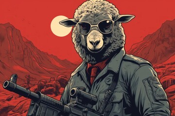  a sheep wearing sunglasses holding a gun in front of a red sky with mountains and a full moon in the background. - obrazy, fototapety, plakaty