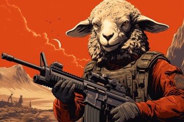  a painting of a sheep with a gun in his hand and a red sky in the back ground behind him.