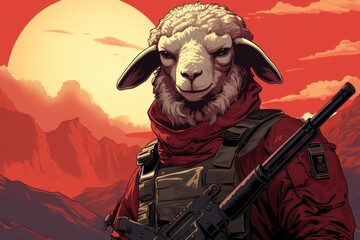  a painting of a sheep with a gun in his hand and a mountain in the background with a sun in the sky.