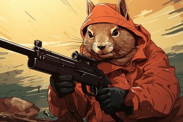  a picture of an animal with a gun in it's hand and wearing a raincoat and holding a gun. - obrazy, fototapety, plakaty