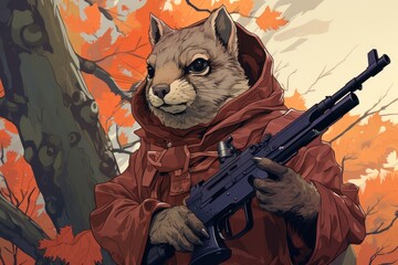 a painting of a raccoon wearing a red coat holding a gun in front of a tree with orange leaves. - obrazy, fototapety, plakaty