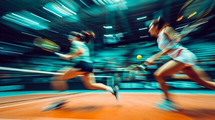 Professional badminton players in action during a championship tournament. [Professional players in action at a championship - obrazy, fototapety, plakaty