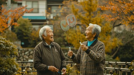 Elderly couples enjoying a leisurely game of badminton in a retirement community. [Elderly couples playing badminton in a retirement community - obrazy, fototapety, plakaty