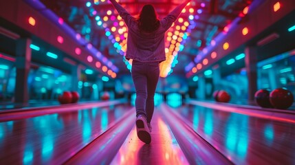 Bowler celebrating a perfect strike with a victory dance, capturing the excitement of the game. [Bowler celebrating a perfect strike