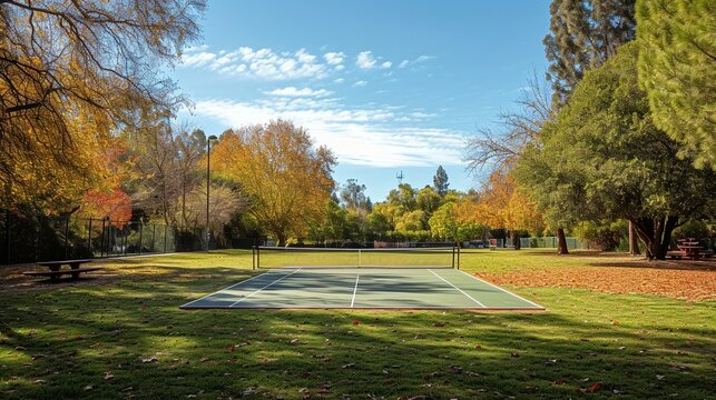 Badminton court set up in a park for a community tournament, fostering a sense of unity. [Community tournament in a park