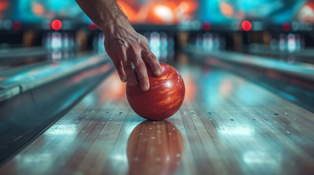 Close-up of a bowler's hand releasing a bowling ball down the lane, capturing the moment of release. [Bowler releasing the ball down the lane