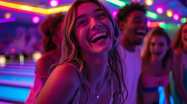 A group of friends laughing and enjoying a game of bowling at a colorful, neon-lit bowling alley. [Friends enjoying bowling at a neon-lit alley