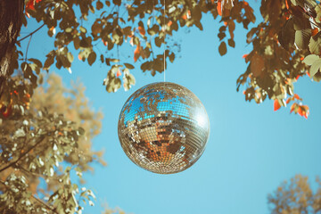 minimalist outdoor event with a suspended disco ball, reflecting natural light during a daytime celebration, adding a festive touch to open-air festivities in a minimalistic photo
