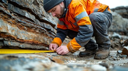 Geologist measuring the thickness of a sedimentary layer using a tape measure. [Geologist measuring sedimentary layer thickness