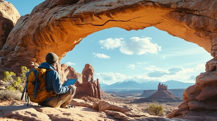 Geologist studying the formation of natural arches in a desert landscape, showcasing erosional features. [Geologist studying natural arches in the desert - obrazy, fototapety, plakaty