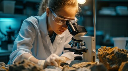 Geologist in a laboratory setting, using a petrographic microscope to study rock thin sections. [Geologist using petrographic microscope in the lab