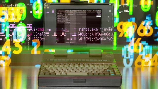 Retro laptop computer with code numbers background