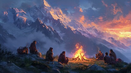 Campfire scene at a mountain bivouac, with mountaineers enjoying warmth and camaraderie amidst the wilderness. [Mountaineers around campfire at mountain bivouac - obrazy, fototapety, plakaty