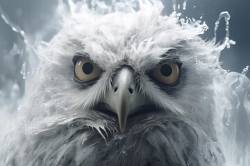  a close up of a bird with a lot of water on it's face and a sky in the background.