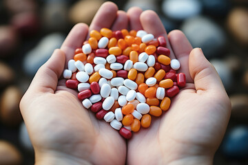 Medication pills held delicately in trembling hands, a symbol of treatment