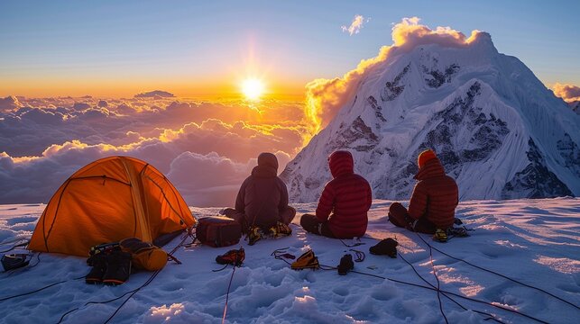 Sunrise view from a high-altitude bivouac with mountaineers preparing for the day's ascent. [Sunrise view from high-altitude mountaineering bivouac